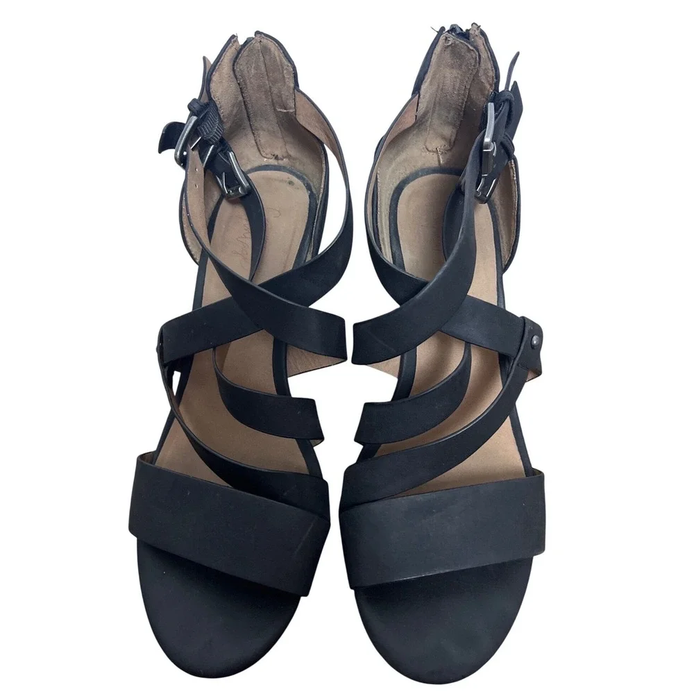 Crown Vintage Womens Black Strappy Wedge Sandals Back Zip 8.5M Gladiator Office‎